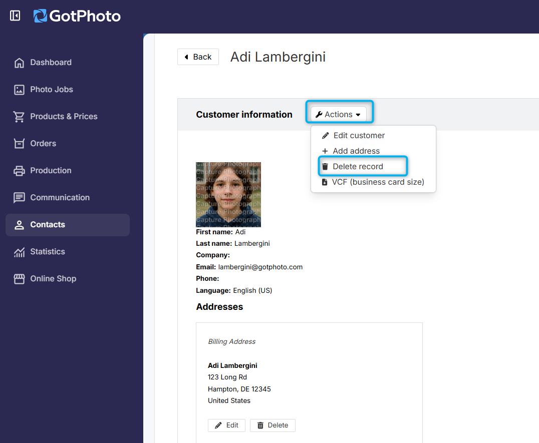 Delete customer record from GotPhoto Actions dropdown