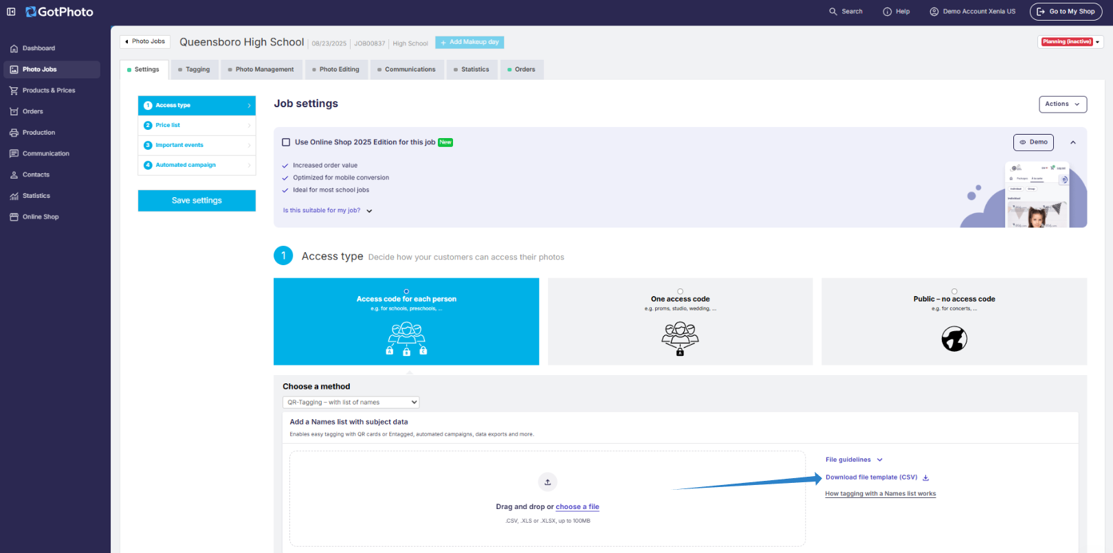 Screenshot showing access type and tagging method selection