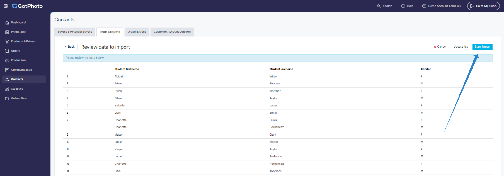 Screenshot showing the import progress screen with a student data preview