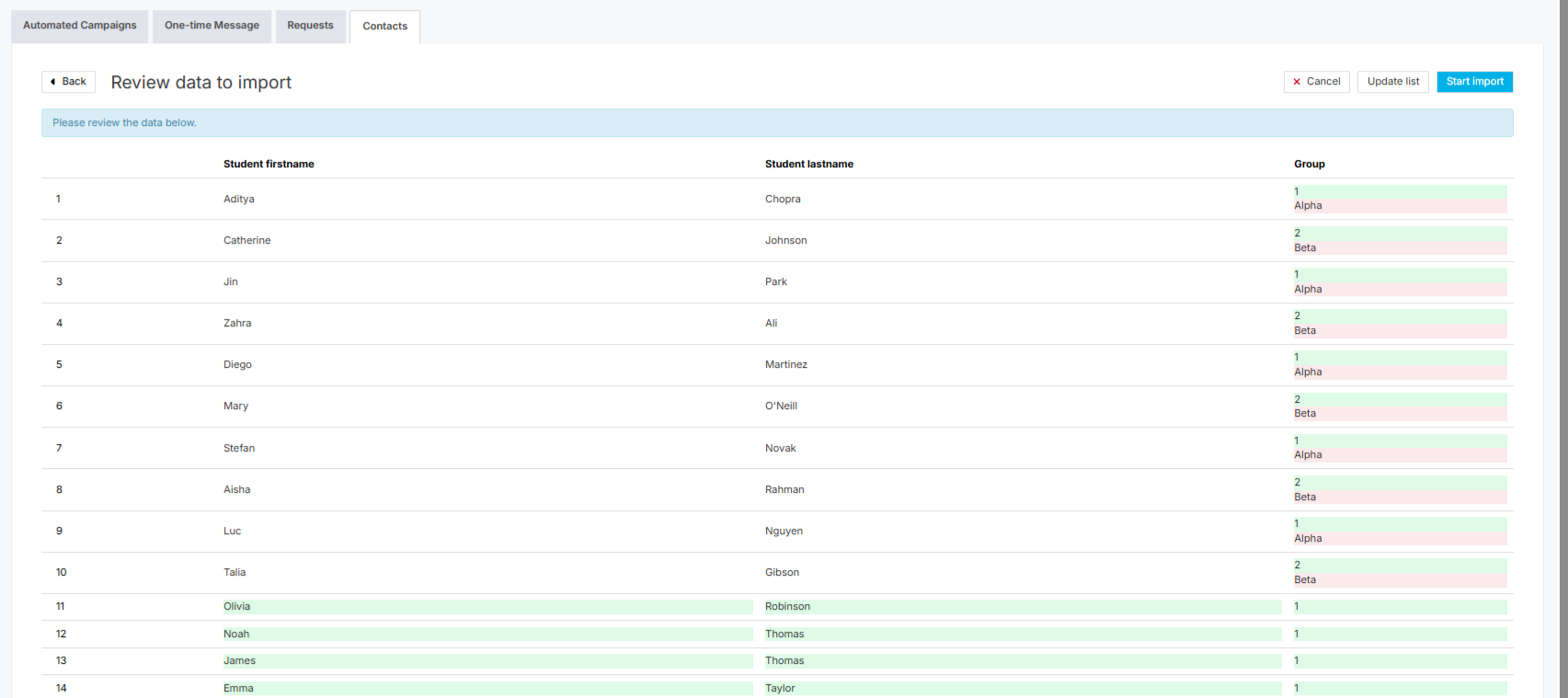 Screenshot showing a data import preview with new data in green and updated data in red