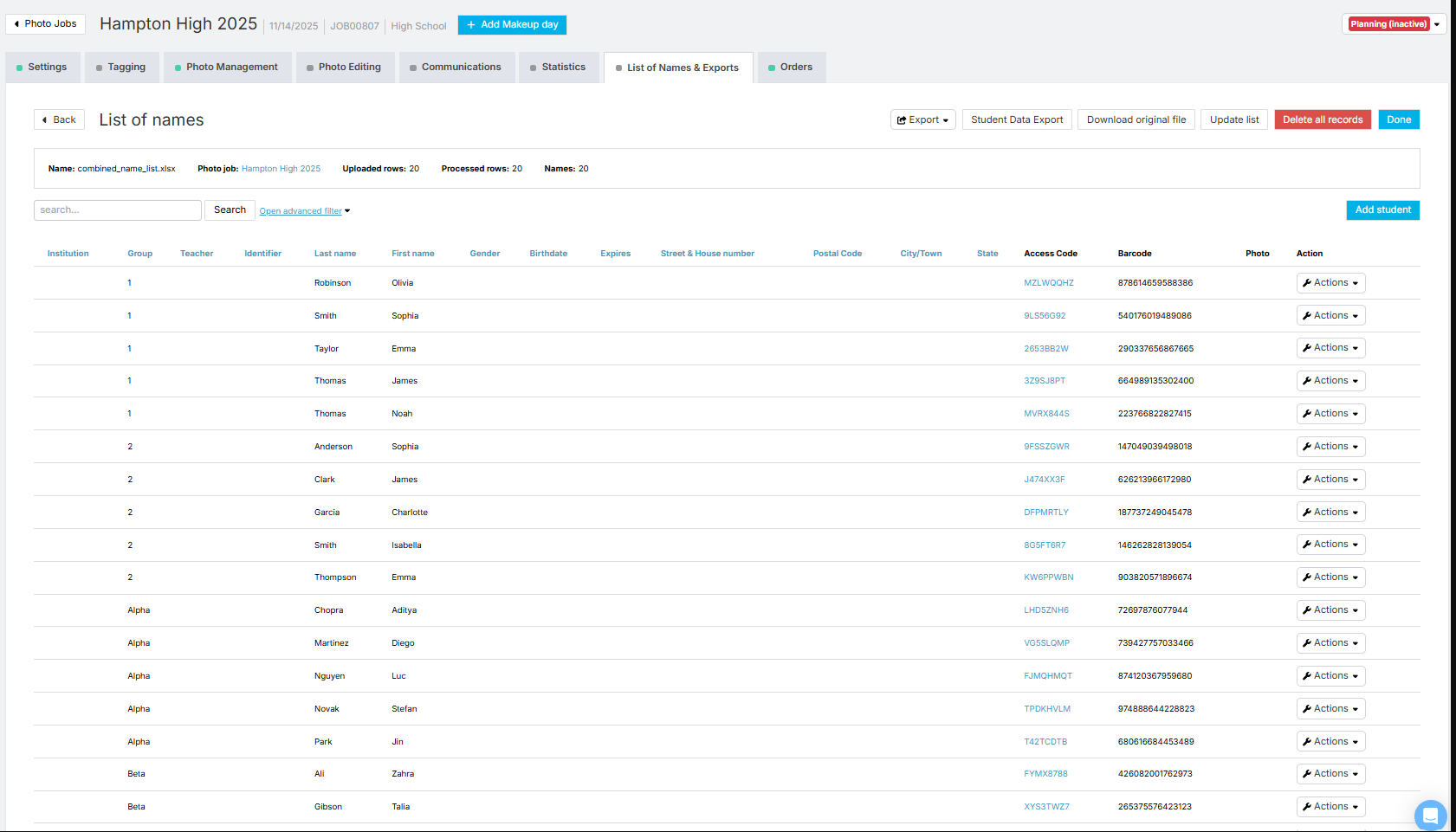 Screenshot confirming names list successfully updated