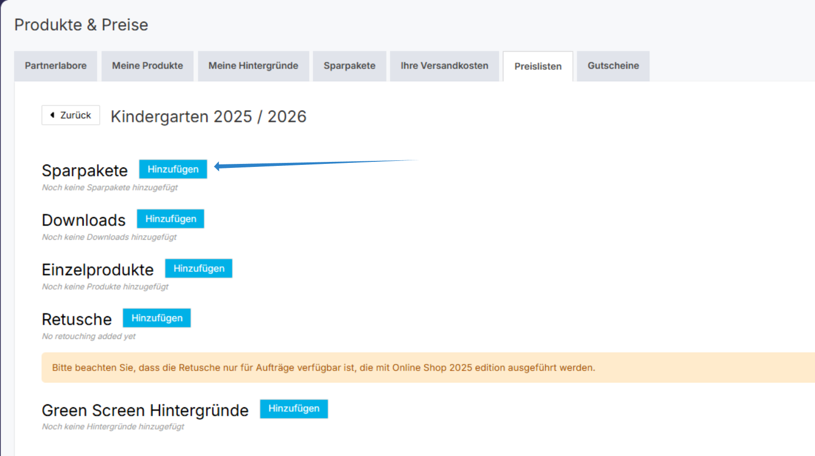 Button „Hinzufügen“ neben Sparpaket