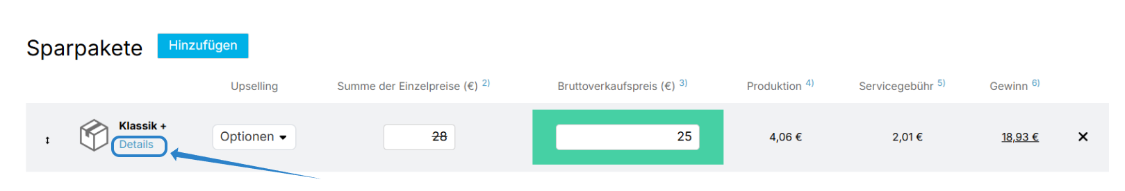 Liste Sparpakete mit Hinzufügen-Button