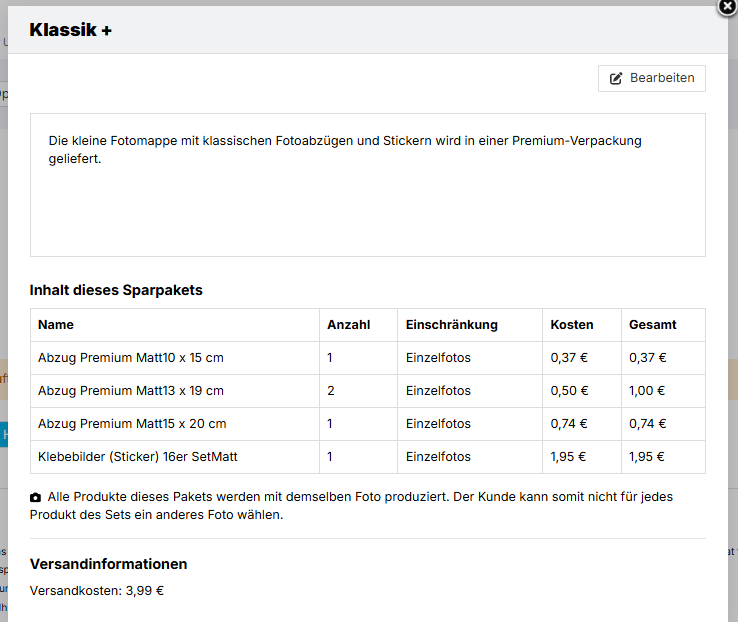 Popup mit Paketdetails