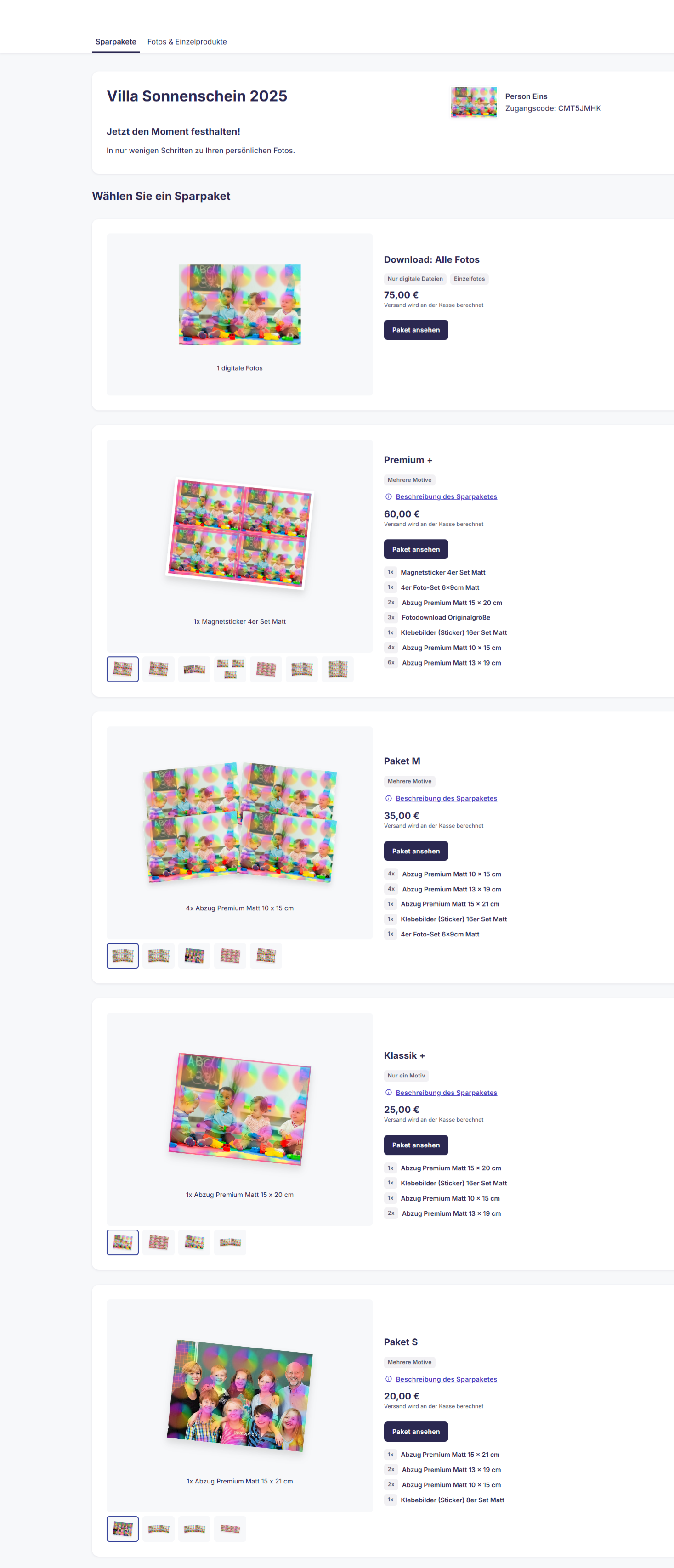 Shop-Ansicht der Pakete