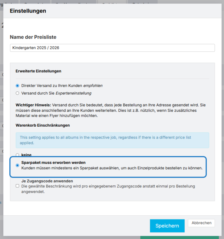 Option Sparpaket muss erworben werden
