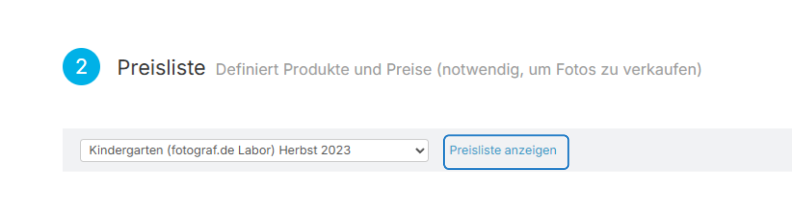 Funktion, Preisliste im Auftrag anzuzeigen ist hervorgehoben.