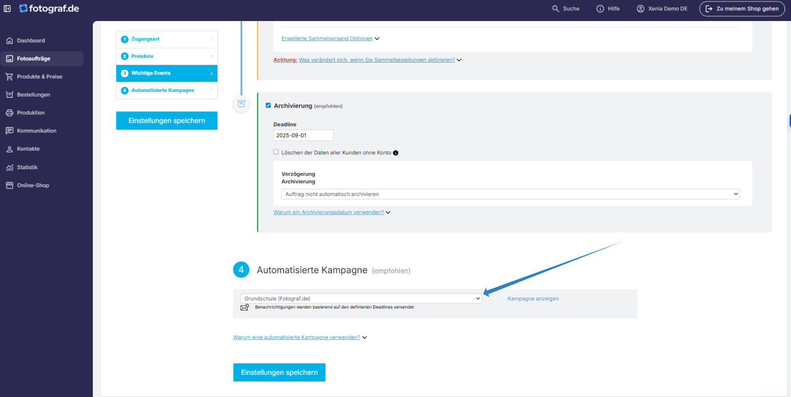 Dropdown-Menü zur Auswahl der automatisierten Kampagne