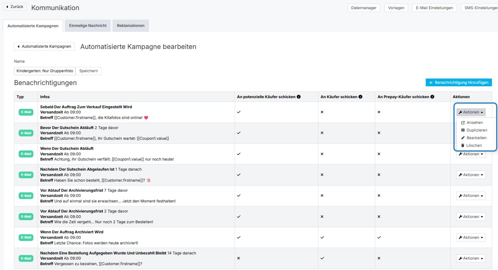 Benachrichtigungen Aktionenmenü