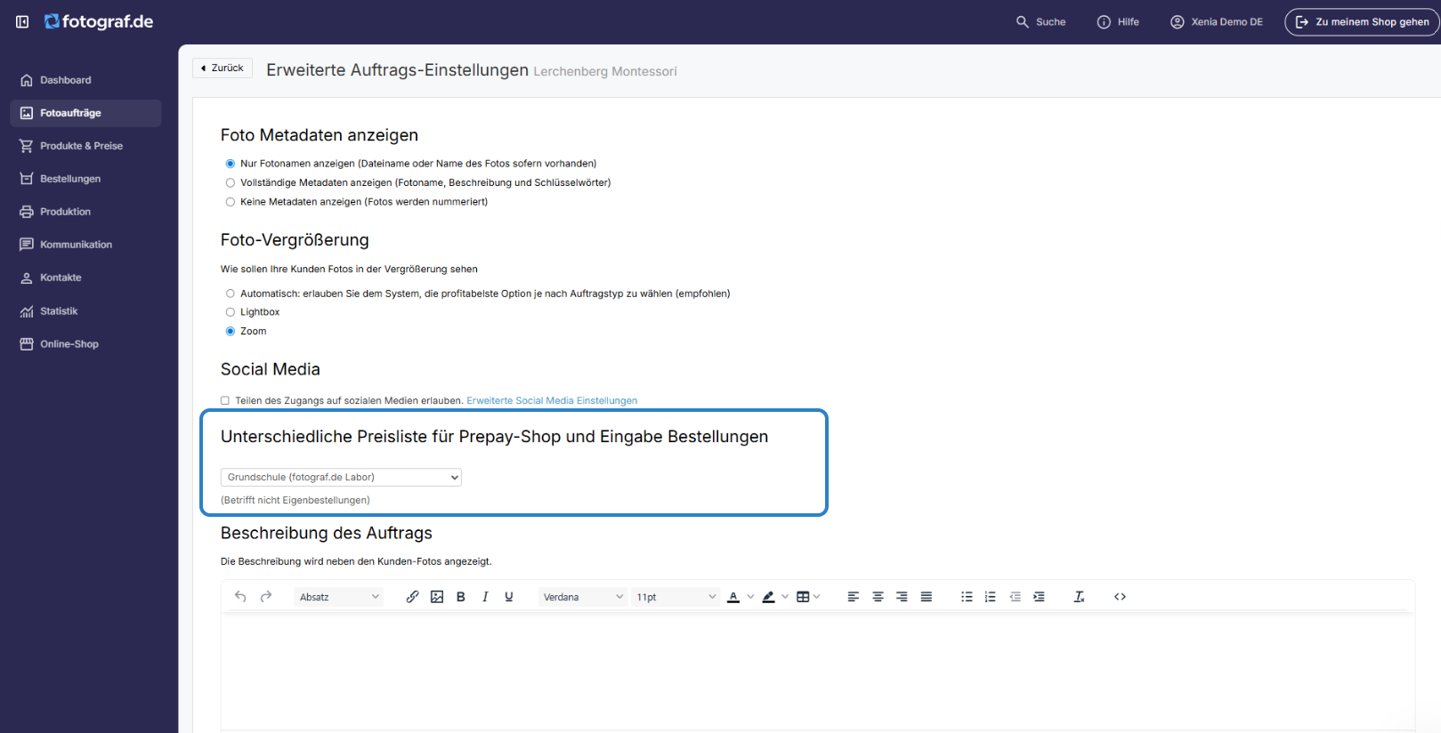 Die Seite 'Erweiterte Auftragseinstellungen' zeigt verschiedene Konfigurationsoptionen, einschließlich eines Abschnitts zur Auswahl eines 'Anderen Preisprofils für Vorkasse-Shop und Bestelleingabe'.