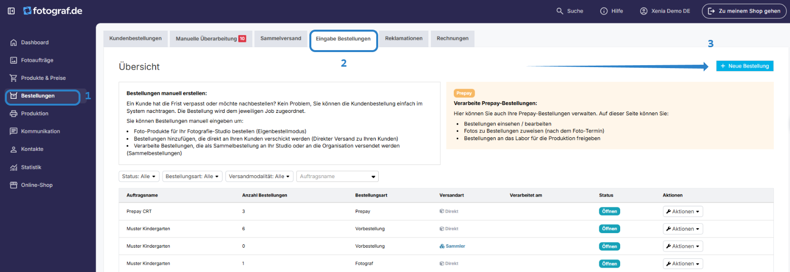 Das GotPhoto Dashboard zeigt 'Bestellungen' in der Hauptnavigation und das Untermenü 'Bestellung eingeben', mit einer Liste vergangener Bestellungen und einem 'Neue Bestellung' Button.