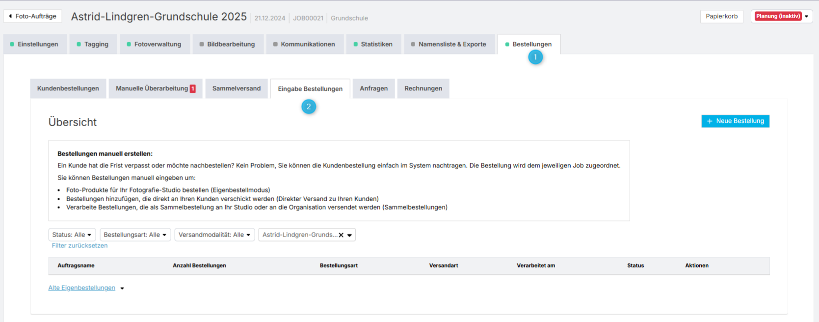 Eine Dashboard-Ansicht mit einem hervorgehobenen 'Neue Bestellung' Button oben rechts und Tabs für 'Alle Bestellungen', 'Vorkasse' und 'Offline-Bestellungen'.