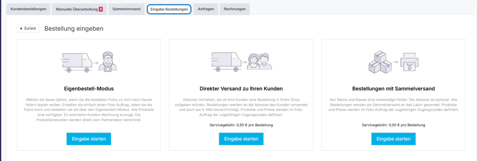 Ein Bildschirm zeigt drei Bestelloptionen: 'Eigenbestellmodus', 'Direkter Versand an deine Kunden' und 'Bestellungen mit Sammelversand'.