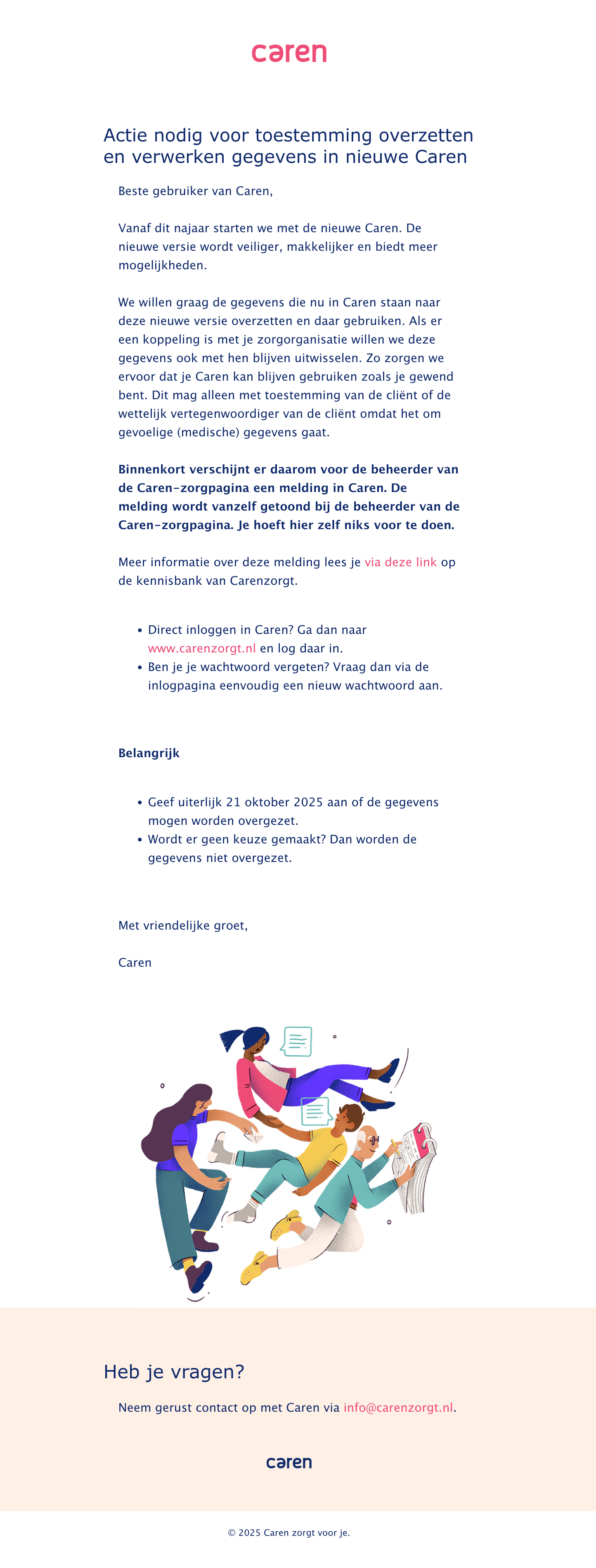 Voorbeeld van de mail naar Caren-gebruikers