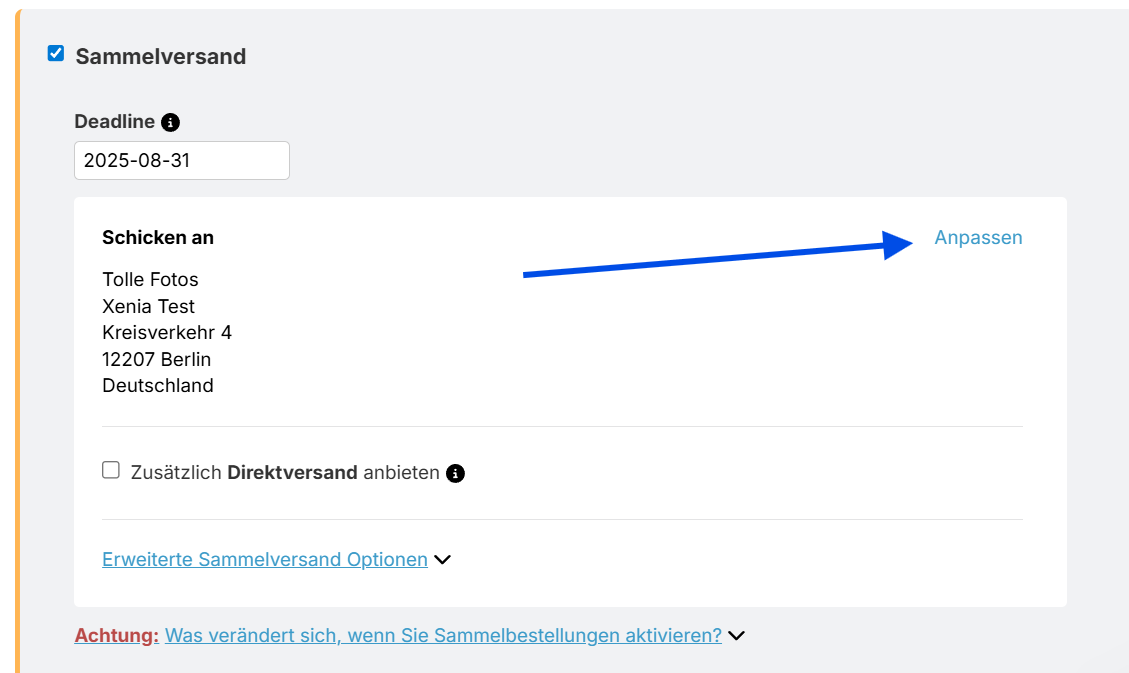 Einstellung zur Änderung der Sammelversandadresse im Fotoauftrag