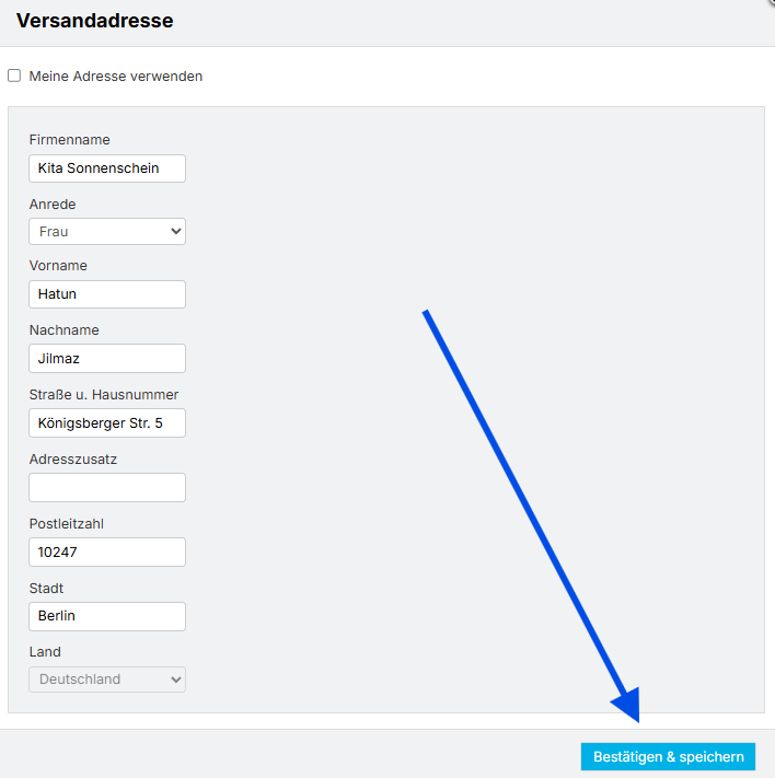 Änderungen an der Versandadresse speichern