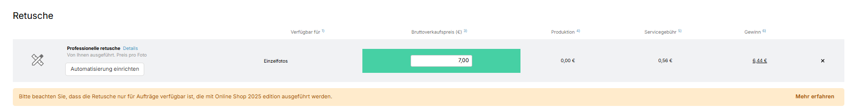 Preis für Retusche festlegen