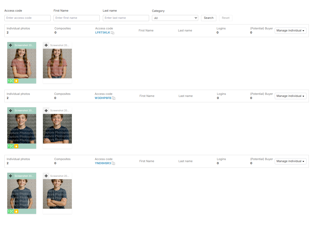 The view shows the activated galleries of the subjects that were tagged manually.