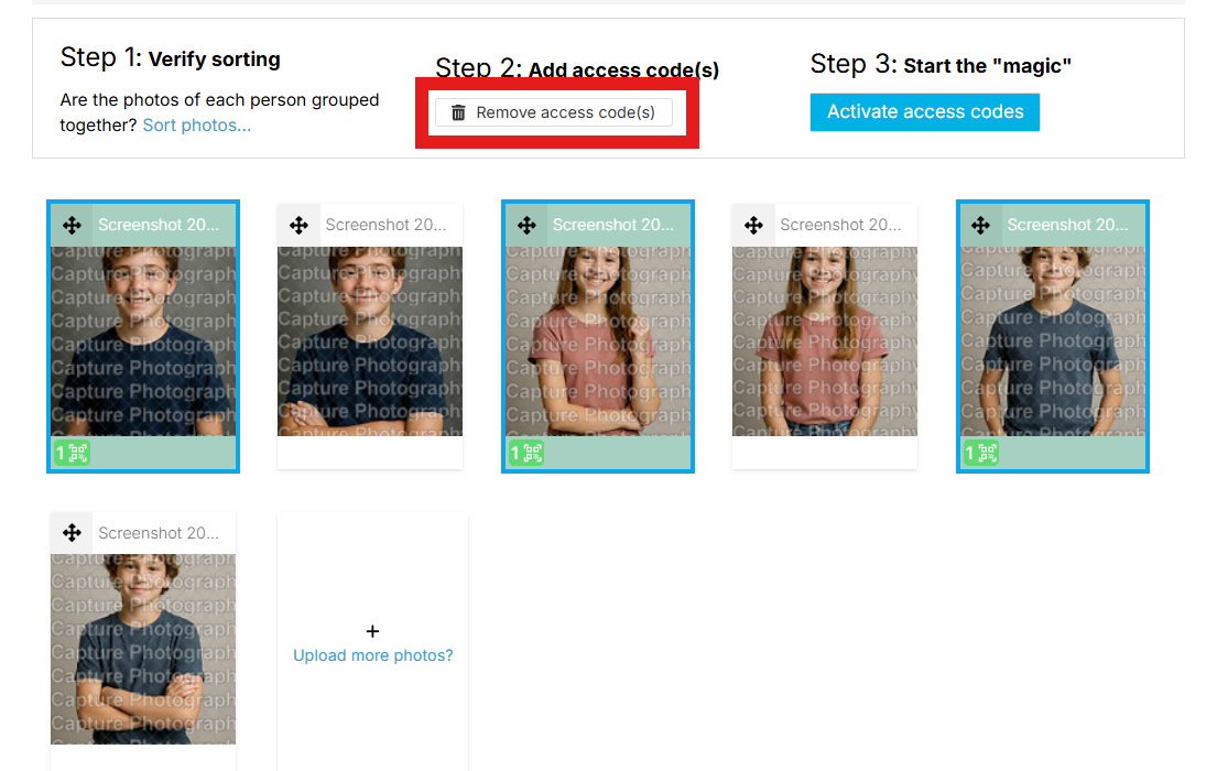 Bulk select images and remove all their access codes from photos
