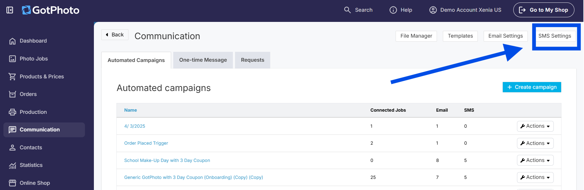 SMS Settings in GotPhoto communication dashboard