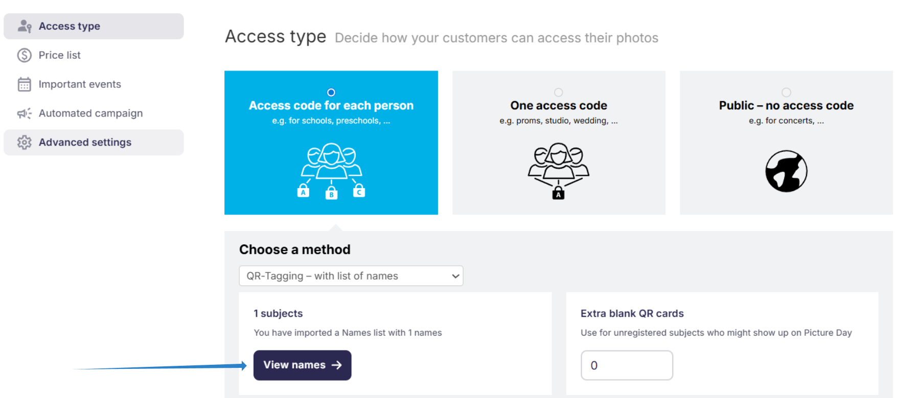 Access Type with 'Manage Names' button in GotPhoto