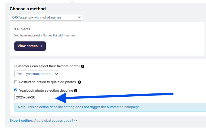 Job settings: Online Shop 2025 enabled, Access Type, QR-Tagging method, and a highlighted photo selection deadline.