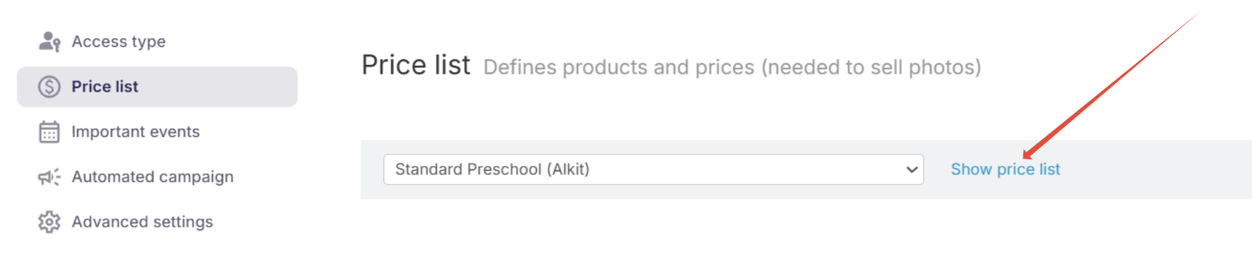 Price Profile dropdown showing 'Price Profile A' selected, with an arrow pointing to 'Show profile'.
