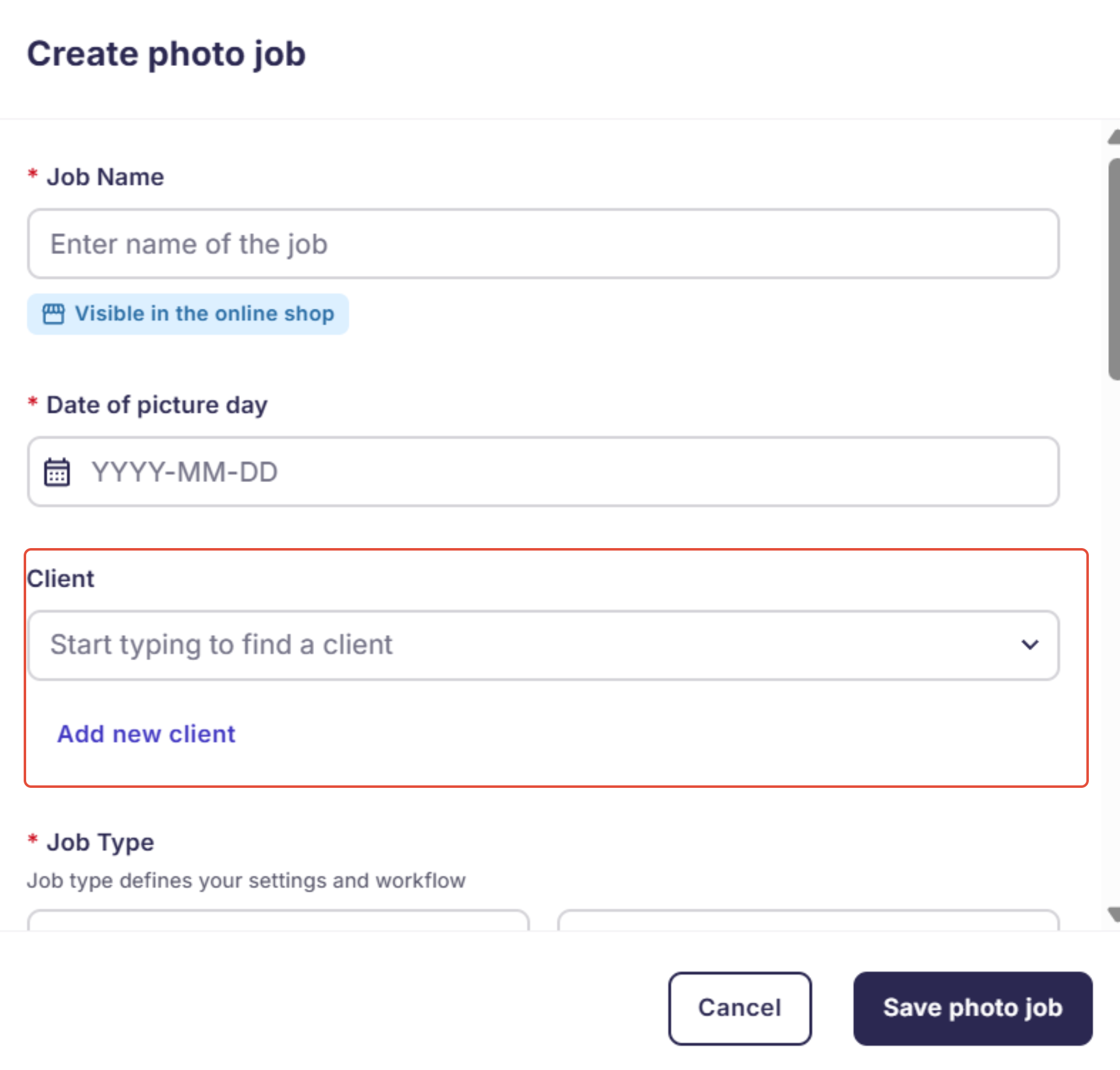Create New Job form showing setup fields.