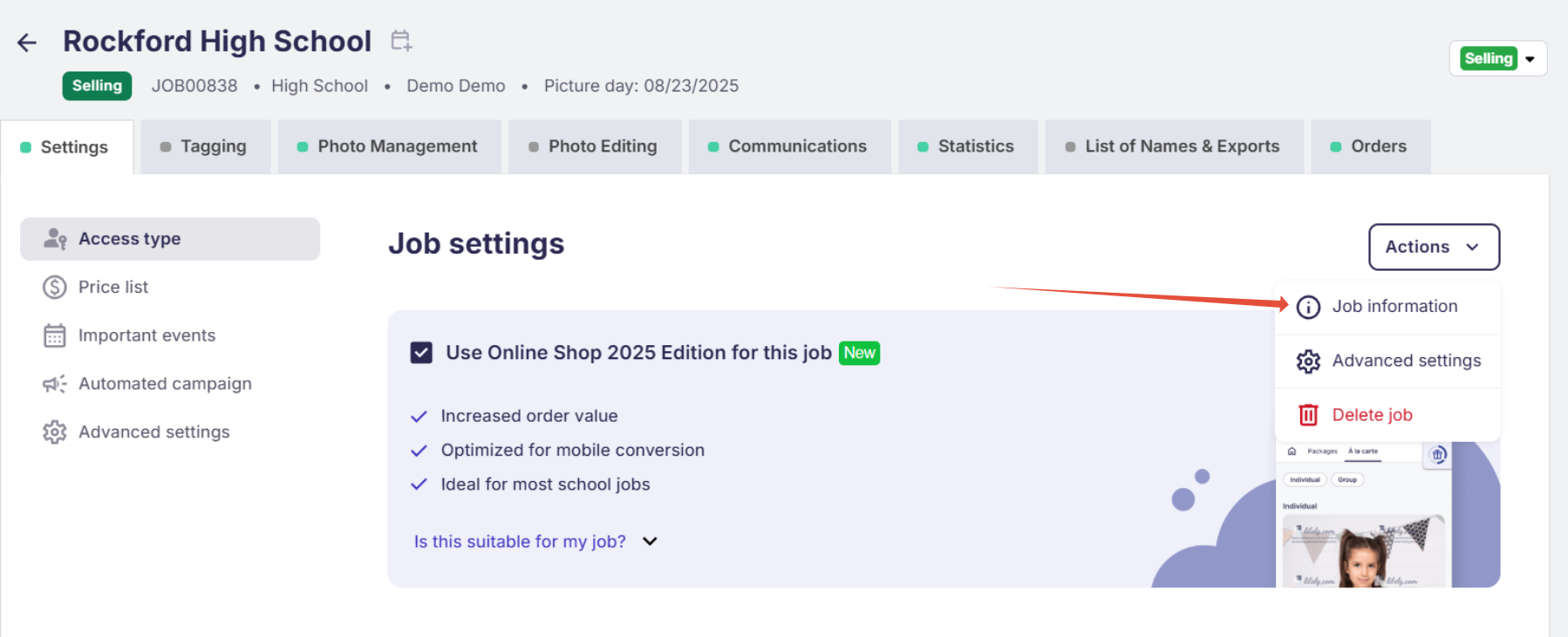 Photo Job settings: 'Edit Job Information' option in Actions dropdown.