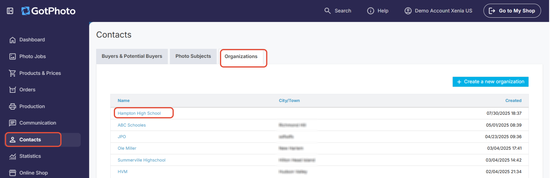 Organizations tab with school selected from the list.