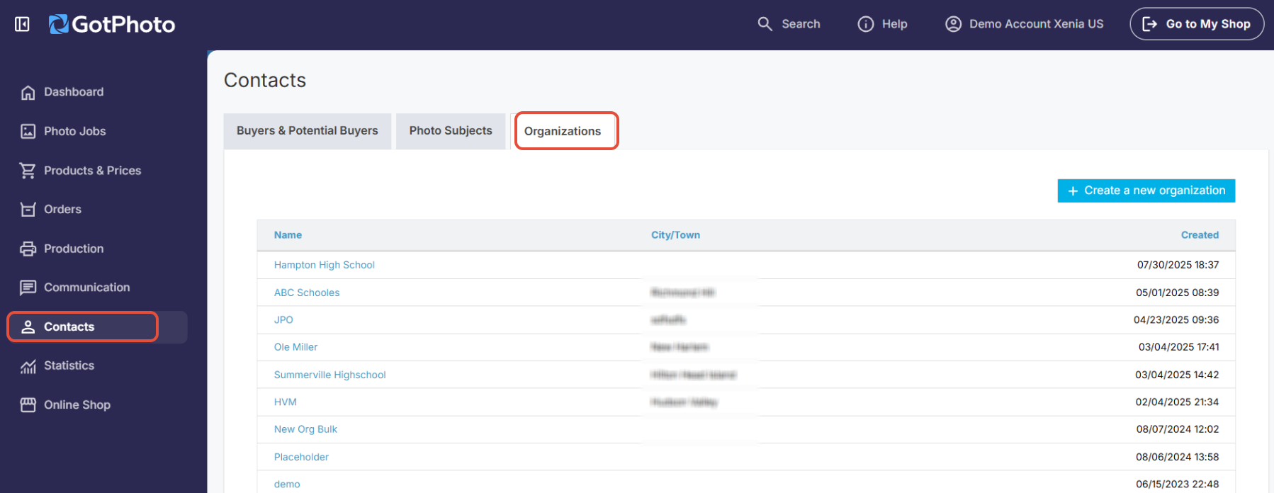 Communication screen with 'Contacts' and 'Organizations' tabs selected, and 'Create a new organization' button highlighted.