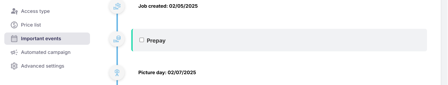 Important events section showing 'Job created' date and an unchecked 'Prepay' checkbox.