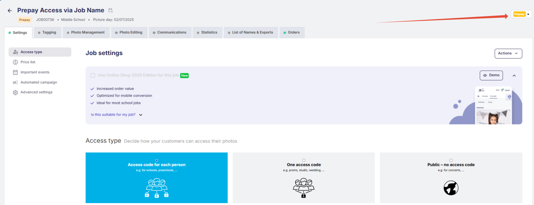 Photo job settings for with 'Access Type' section open. A blue arrow points to the 'Prepay' toggle.