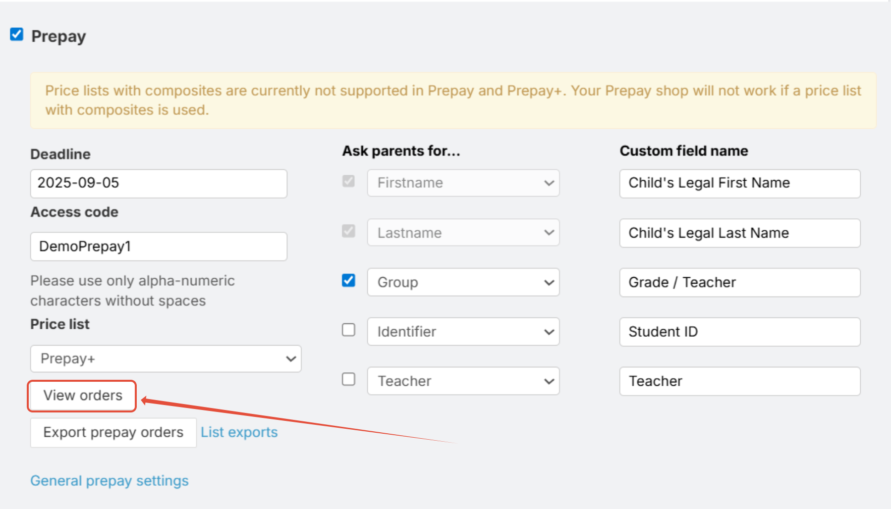 Prepay settings: deadline, access code SHMSSpring23, Price Profile set to Prepay+. A blue arrow points to the View orders button.