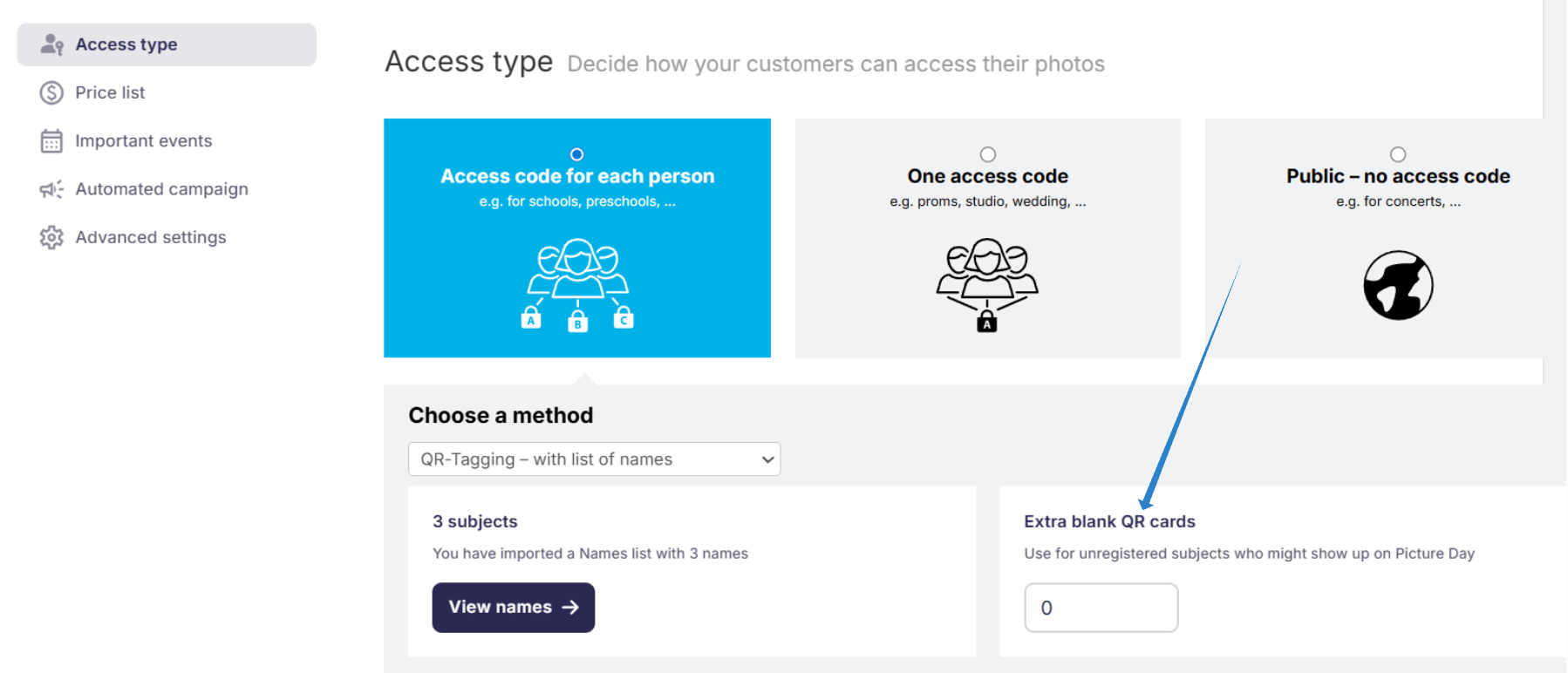 Access type selection screen with 'Access code for each person' selected and a large blue arrow pointing to the 'Extra access codes' input field.