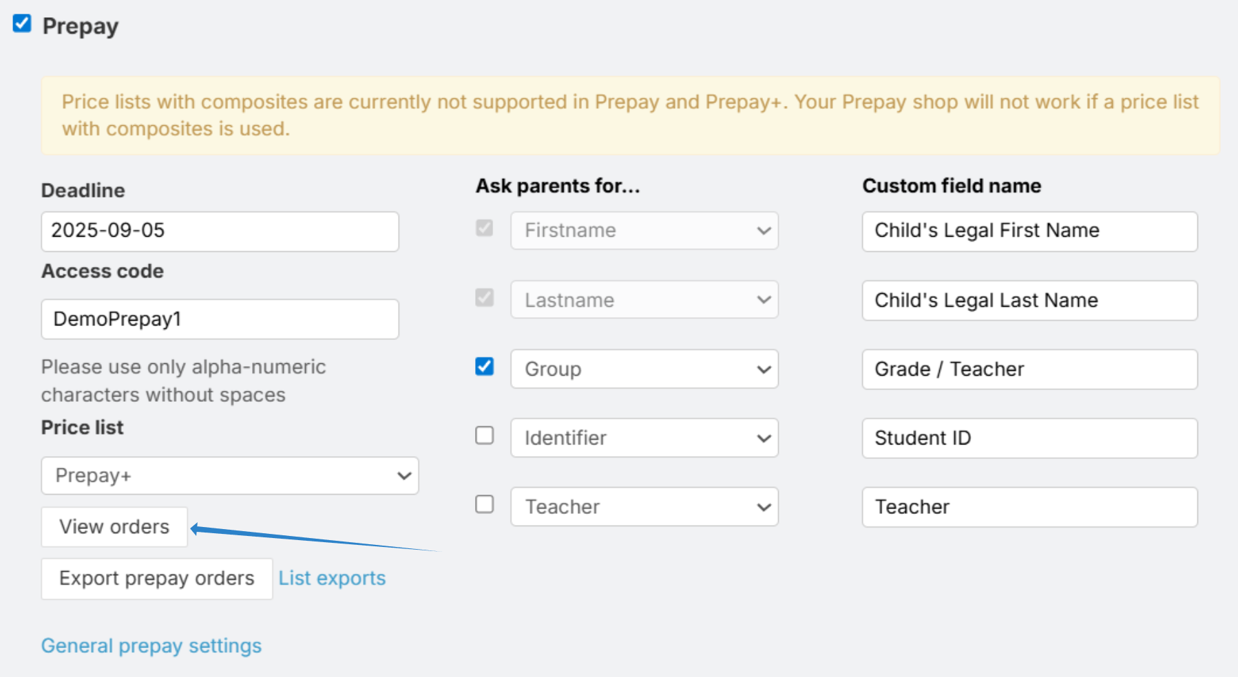 Prepay settings screen with an arrow pointing to the “View orders” button below the Price Profile dropdown.