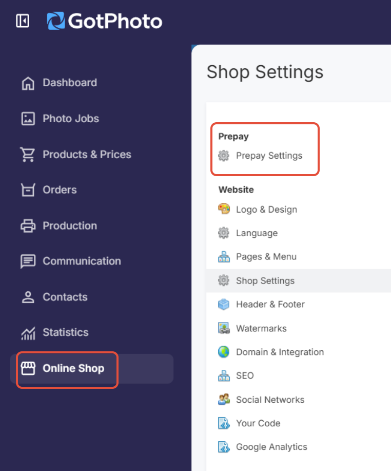 GotPhoto Online Shop Prepay settings.