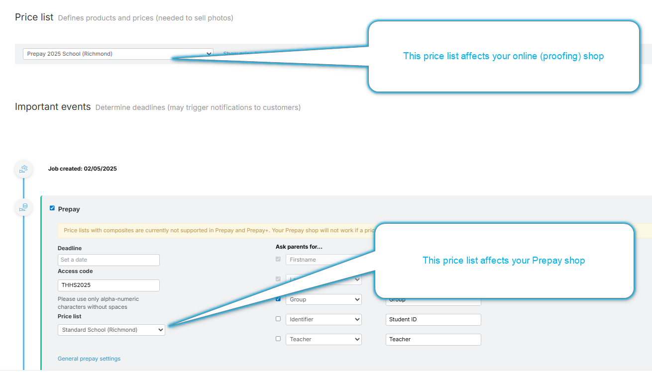 Two price profiles are highlighted, the first for the proofing shop, the second for the prepay shop.