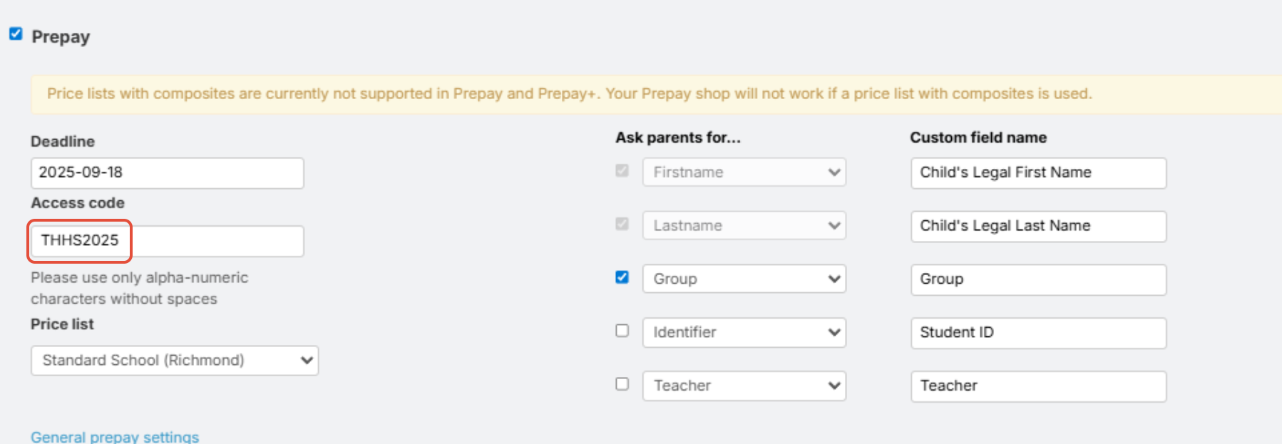 Prepay setting, the Prepay access code is highlighted.