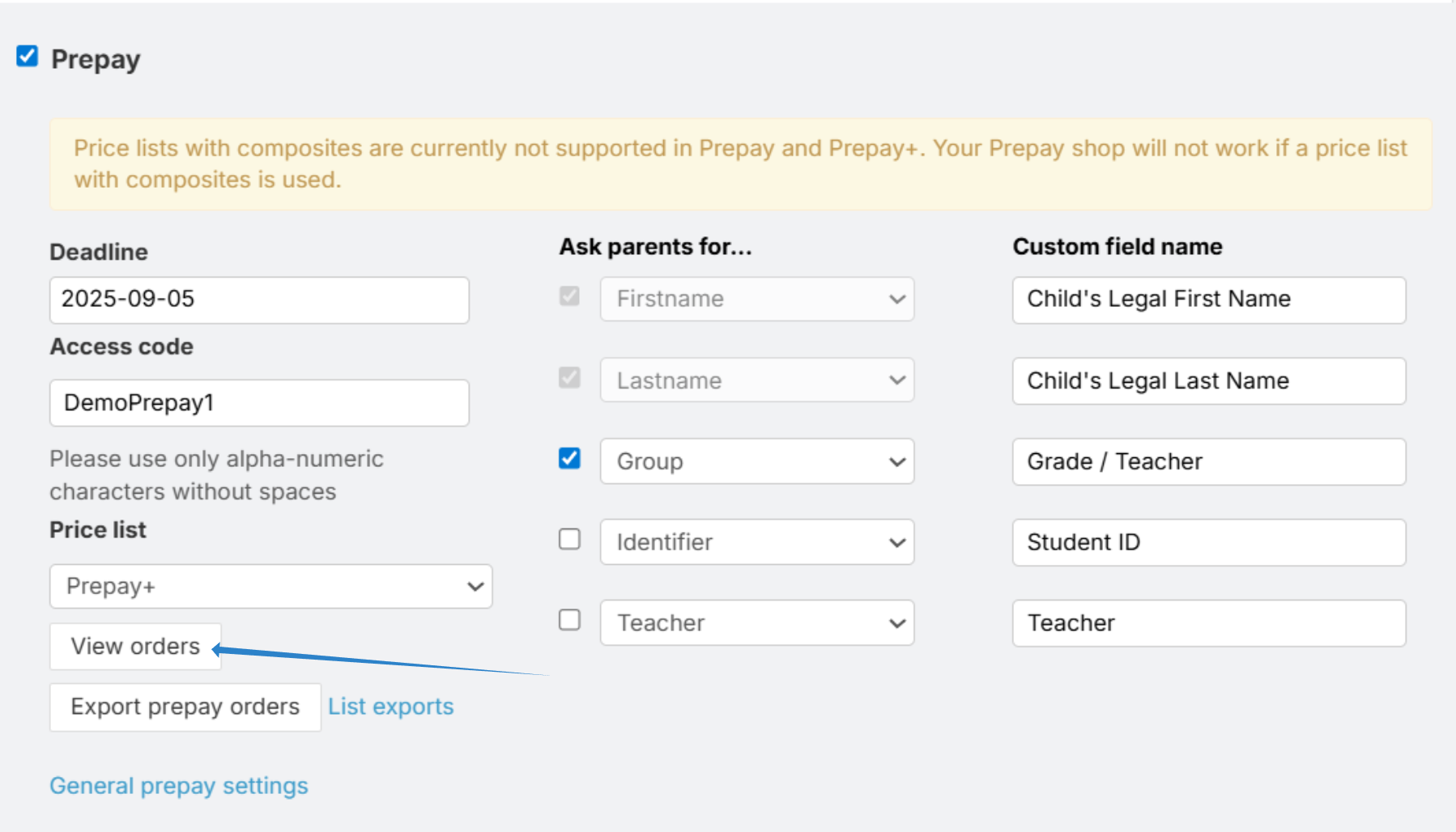 Prepay settings: deadline, access code SHMSSpring23, Price Profile set to Prepay+. A blue arrow points to the View orders button.