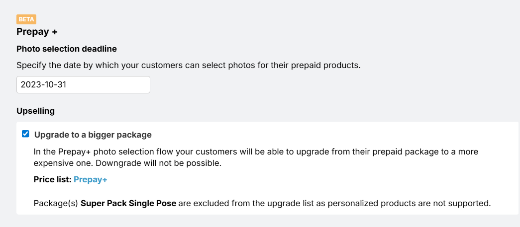 Screenshot of the 'upgrade to a bigger package' option.