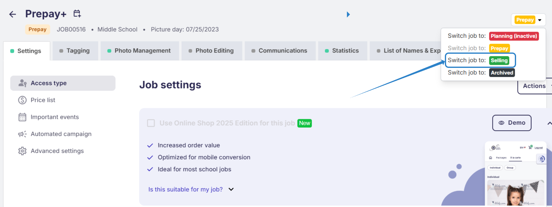 Screenshot of job status dropdown, with 'Selling' highlighted.