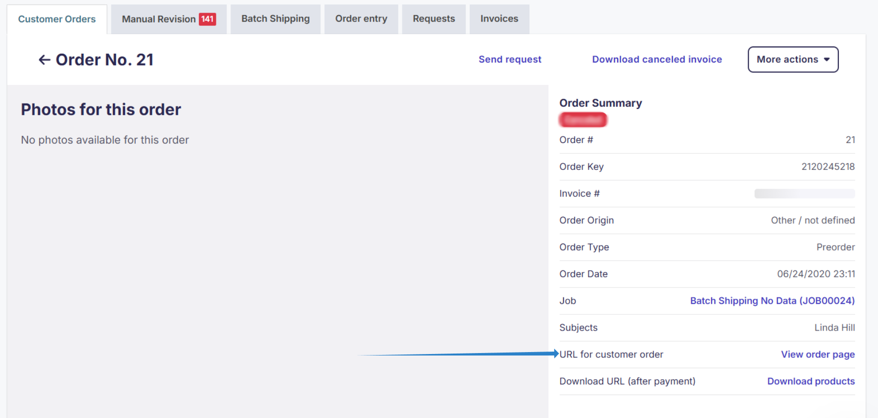 Screenshot of an order page showing 'More Info' section with photo selection link.