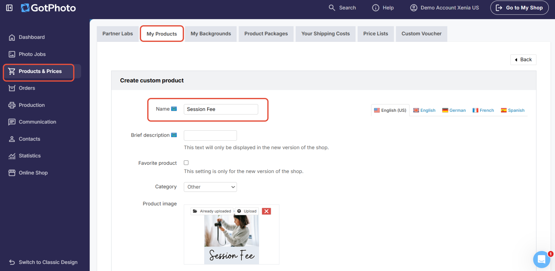 Edit custom product page where a user is creating a product called 'Session Fee'.