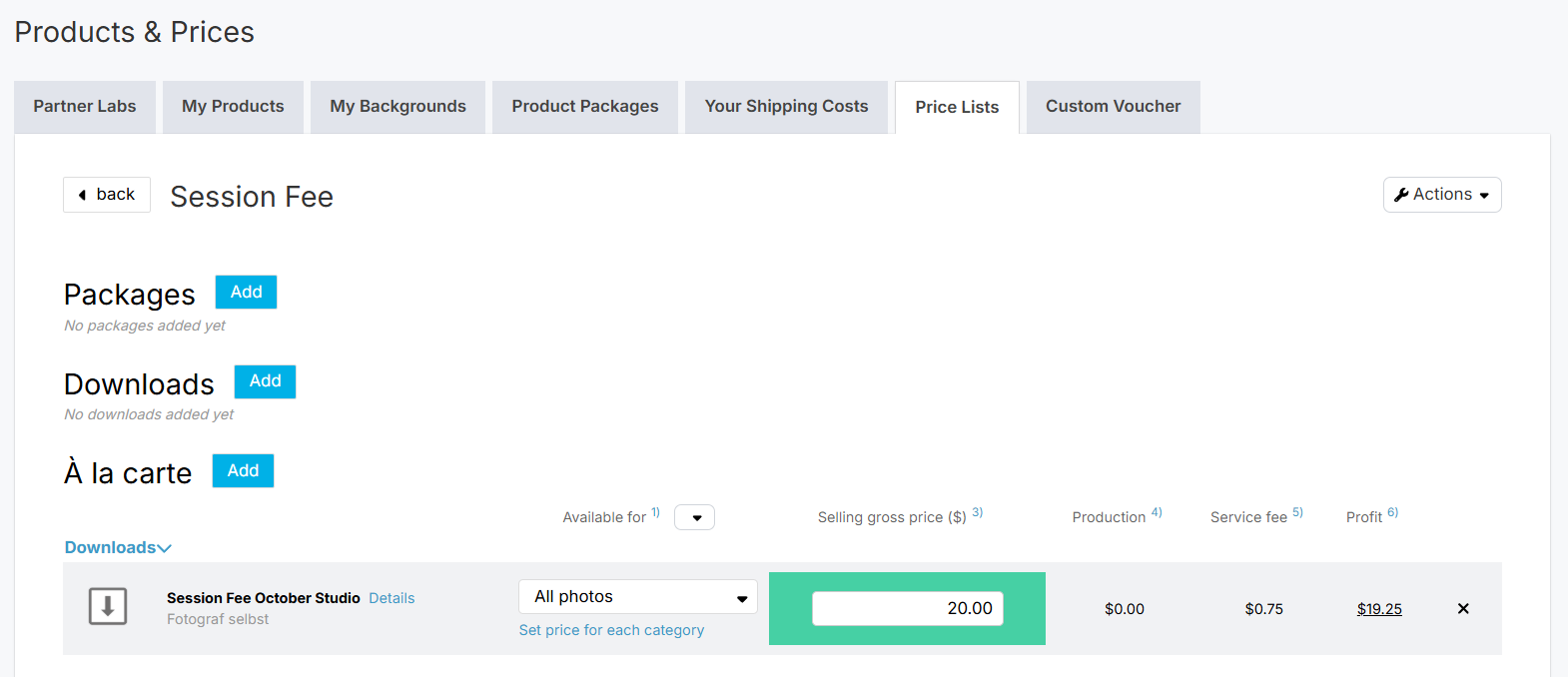 Products & Prices in the Price Lists tab, showing session fee pricing details