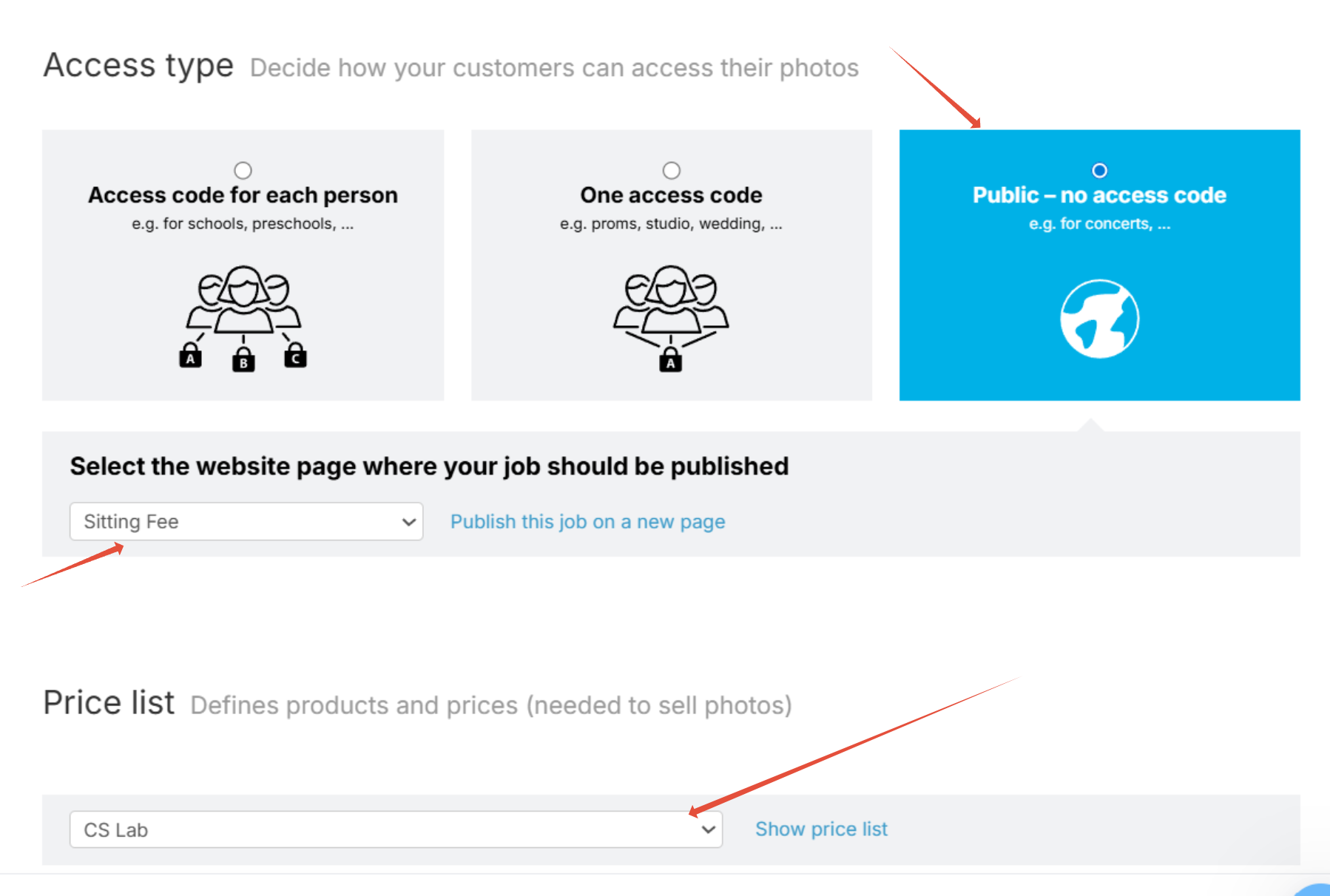 Access settings screen for a Graduation photo job, showing public access option and session fee price profile.