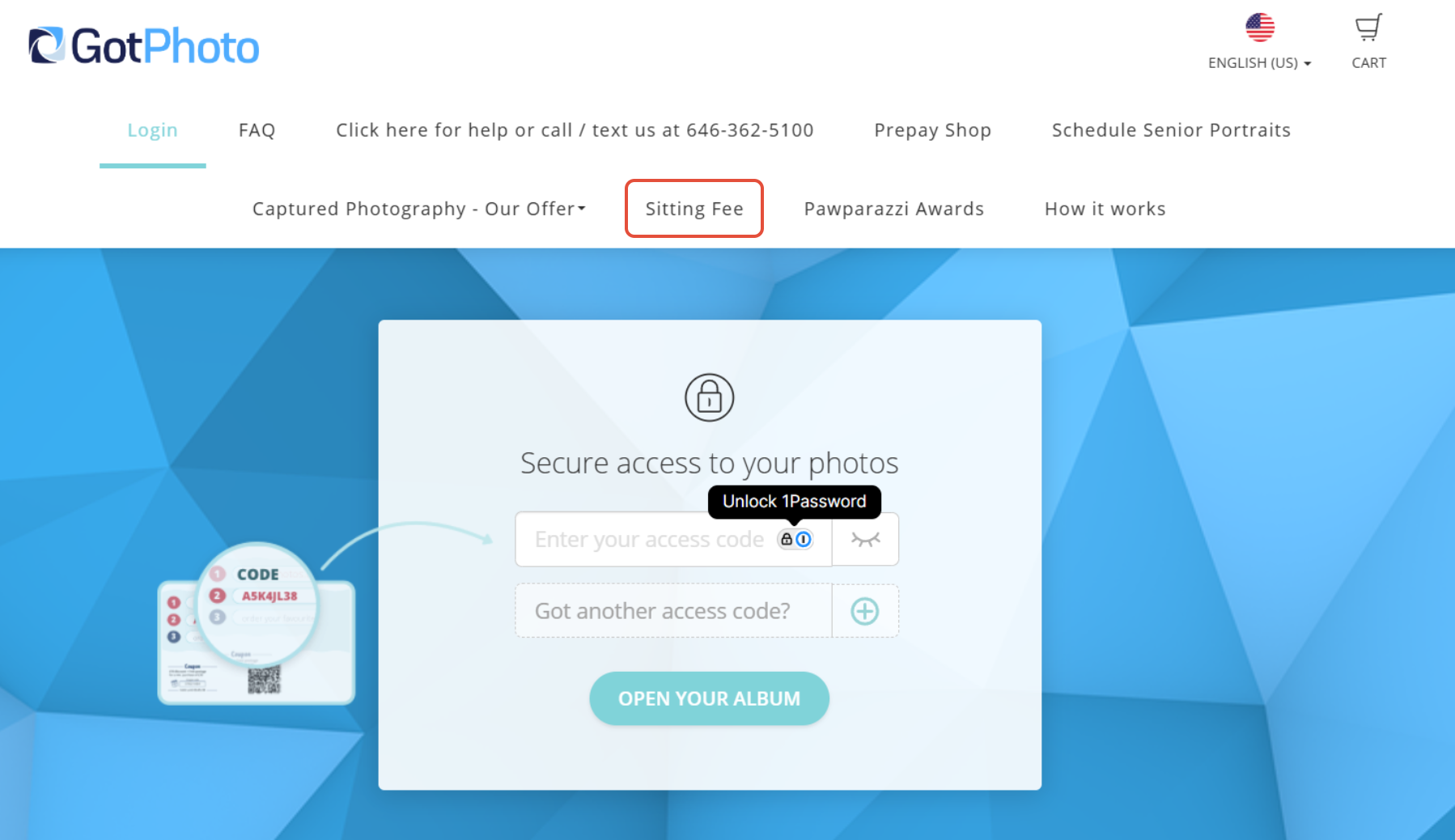 Photography shop homepage with 'Book Your Session Here' link in the top menu and access code login form displayed.