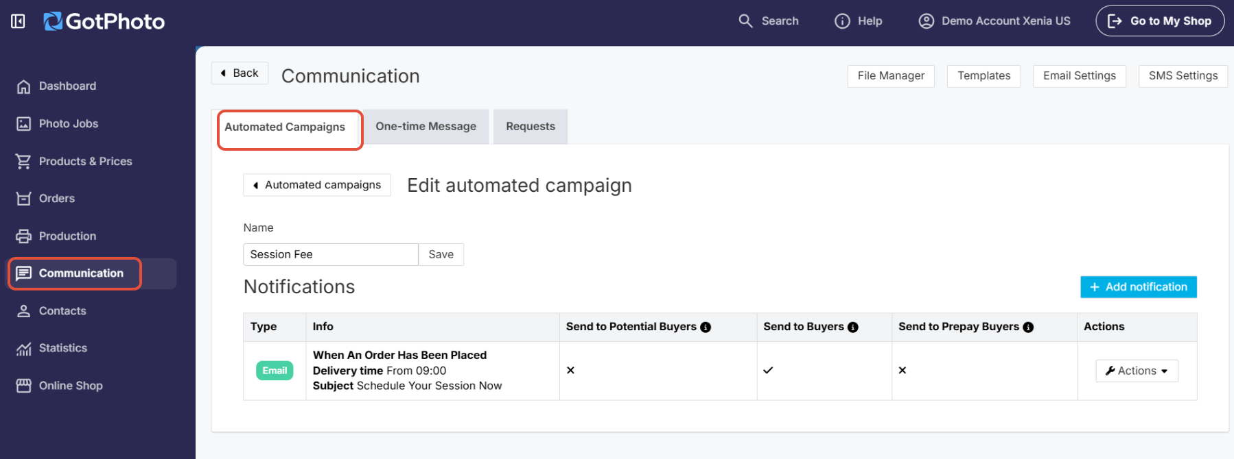 Communication settings with 'Session Fee' profile and automated campaign email triggered when an order is placed.
