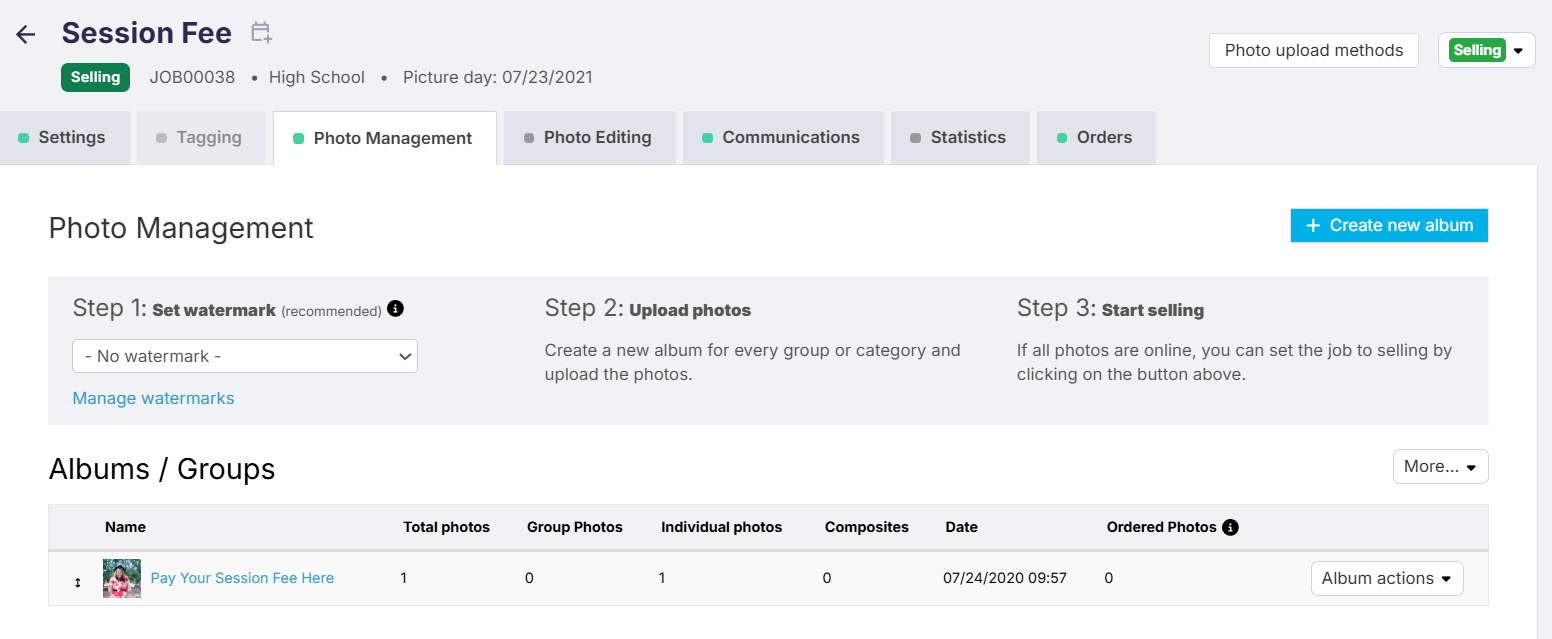 GotPhoto Book a Session screen for the 'Session Fee' job showing 1 individual photo uploaded and no group photos.