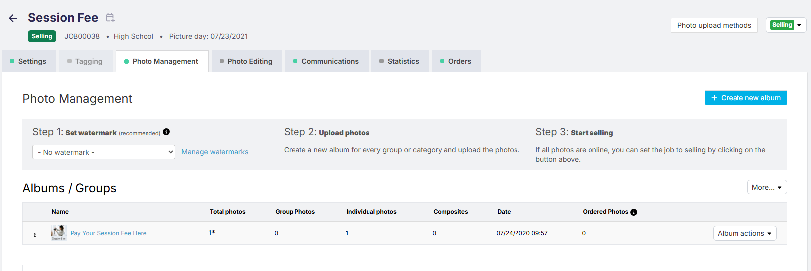 Client-facing view of the 'Book Your Session Here' page showing the 'Session Fee' job with cover image.